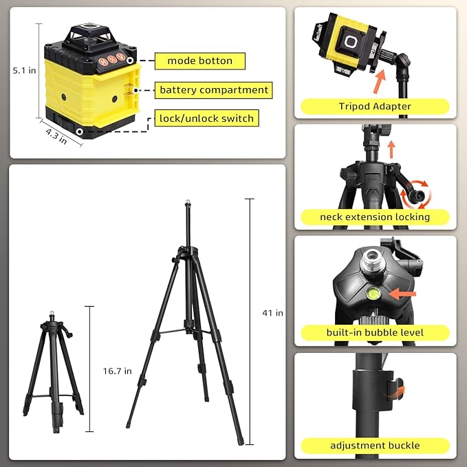 Laser Level, 4 x 360° Self Leveling Green Laser Level with Tripod, 16 Lines 4D for Construction, Picture Hanging, Floor Tile, Renovation, Includes Remote Control & Premium Carry Bag