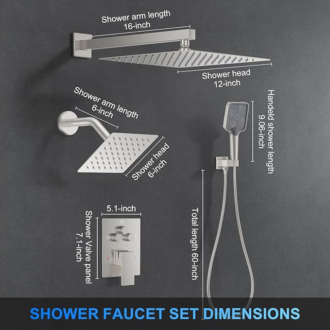 Shower Faucet Set, 12" Wall Mount Rainfall Shower System with 2 Rain Shower Head and Multi-function Handheld Head Push Button Diverter Shower Faucet Trim Kit, Brushed Nickel