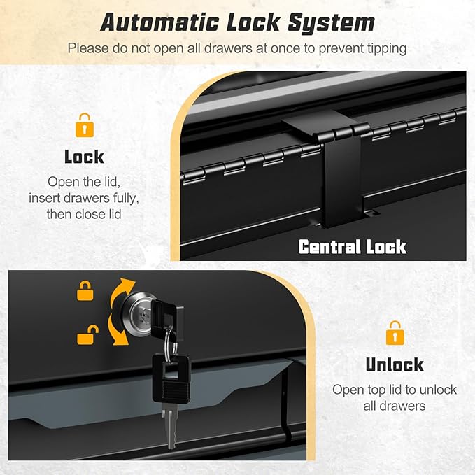 6-Drawer Tool Box, ARNOT 24" Heavy-Duty Steel Tool Chest, Portable Tool Storage Organizer with Auto-Locking Drawers, Top Tool Tray, and Side Handles for Garage, Warehouse, or Workshop Storage (Black)