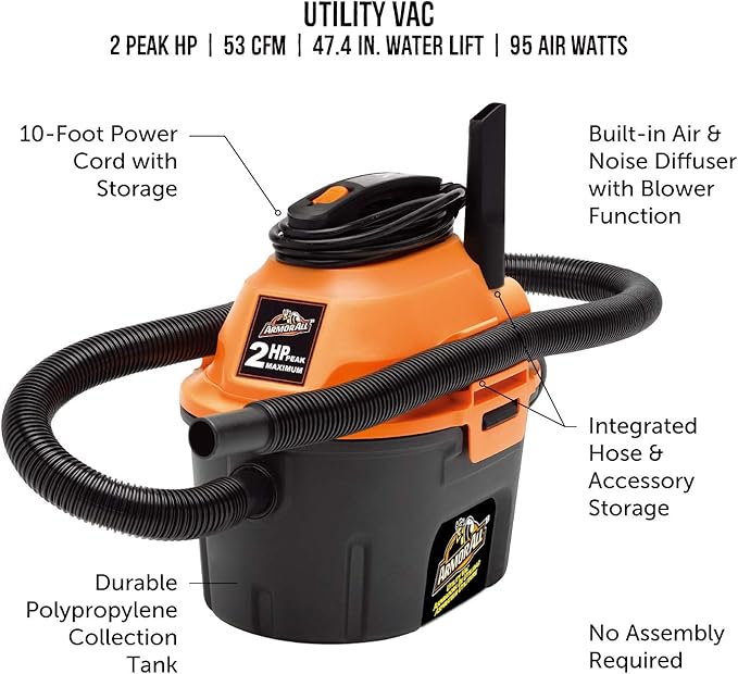 Armor All, AA255 , 2.5 Gallon 2 Peak HP Wet/Dry Utility Shop Vacuum , Orange