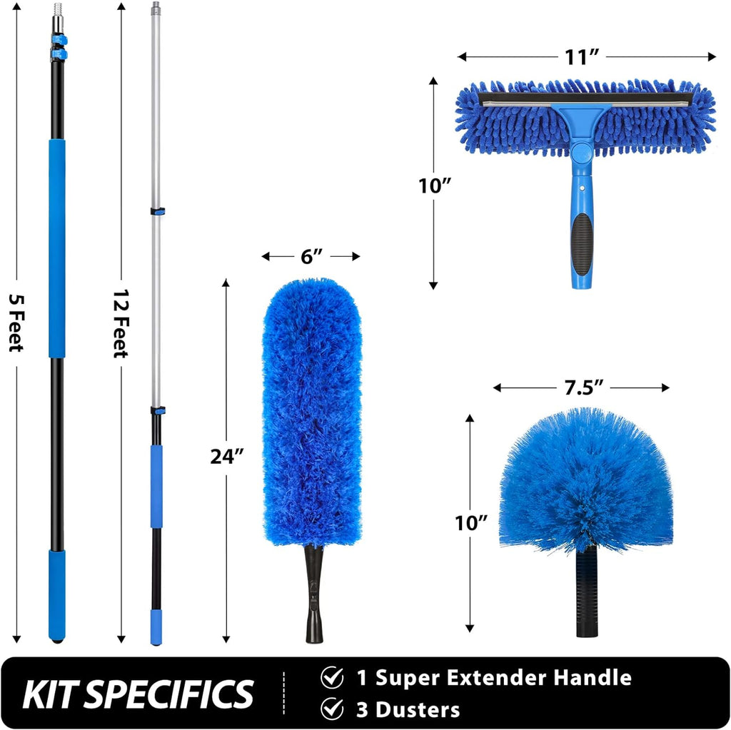 20 Feet High Reach Duster Kit with 5-12 Ft Extension Pole, Cobweb Duster with Telescoping Pole, Window Squeegee with Scrubber, Spider Web Brush, High Ceiling Fan Duster for High Window, Interior Roof