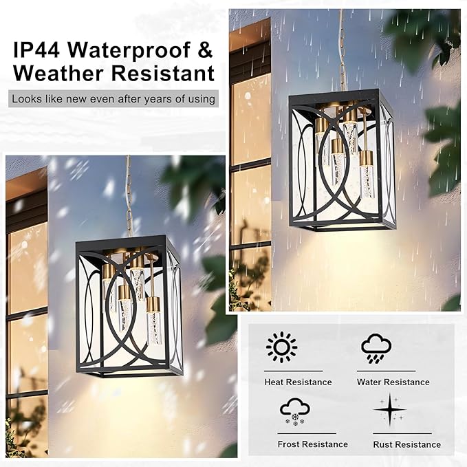 4-Lights Large 5CCT LED Outdoor Pendant Light Fixture, Porch Hanging Lighting Build-in LED Chips, Modern Exterior Lantern Chandelier Ceiling Mount for Patio Front Door