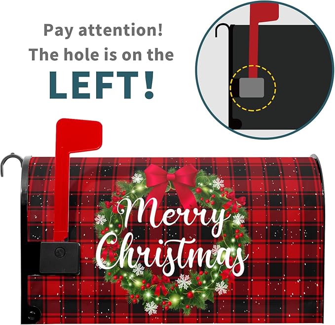 Kawani Merry Christmas Mailbox Cover - Magnetic Standard Size 21x18 Inch Winter Christmas Wreath Red Black Buffalo Plaid Xmas Holiday Wrap for Garden Yard Decor