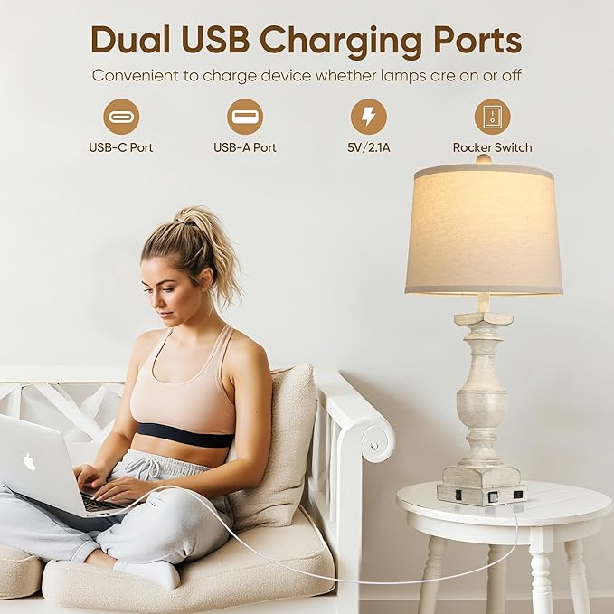 Farmhouse Table Lamp Set of 2, 28'' Bedside Lamps with USB A+C Port, Traditional Nightstand Lamps for Room, Vintage Table Lamp, Desk Lamp for Bedroom, Beige Lampshade, Rocker Switch, Bulb Included