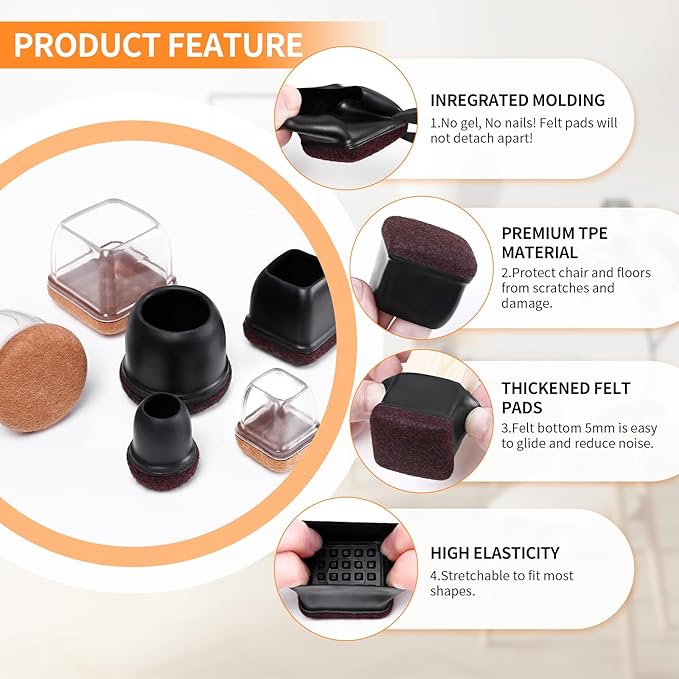 Ezprotekt 8 Pcs Extra Large Square Chair Leg Floor Protectors, Silicone Felt Furniture Pads for Hardwood Floor, Dining Table Bar Stool Leg Protectors Leg Cups Covers (XL Fit: 1.5" - 2", Black)