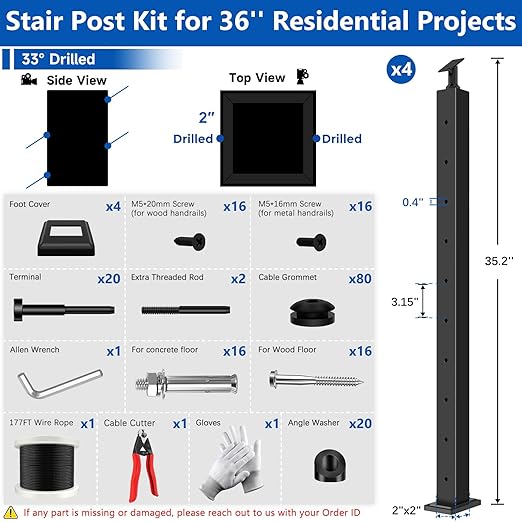 36" Expandable 12-16FT Black T304 Cable Railing Post Kit, Complete Cable Railing System with 4 Stair Posts, 177ft 1/8" Wire Rope(No Handrail), Adjustable Length Easy DIY for 25-35°Stairway