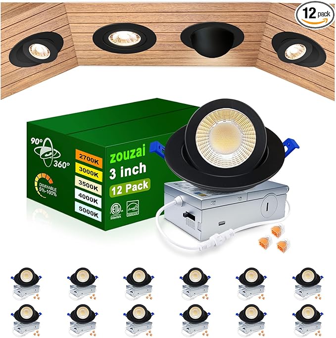 zouzai 12 Pack 3 Inch Black Adjustable Gimbal LED Recessed Light, 360° Rotation & 90° Tilt for Precise Lighting, 5CCT Dimmable Eyeball Light with Junction Box, ETL & Energy Star