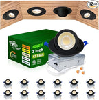 zouzai 12 Pack 3 Inch Black Adjustable Gimbal LED Recessed Light, 360° Rotation & 90° Tilt for Precise Lighting, 5CCT Dimmable Eyeball Light with Junction Box, ETL & Energy Star