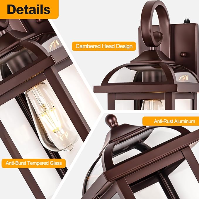 18” Bronze Outdoor Light Fixtures with Dusk to Dawn Sensor 2-Pack, Anti-Rust Aluminum Brown Outside Lights for House Enclosed Bottom Exterior Lighting Scones IP65 Waterproof Wall Lanterns