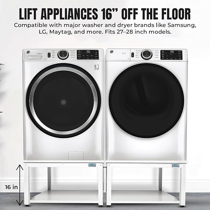 Washer and Dryer Pedestals - 24" W, 16" H, White Steel Universal Fit with Major Brands, Leak-Proof Laundry Pedestal with Drain Pan & Hose, Washer and Dryer Stand for Back Pain Relief, 800 lbs Capacity