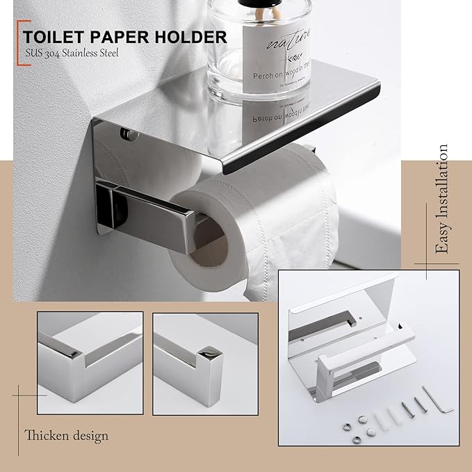 4-Piece Bathroom Hardware Set Chrome Bath Towel Bar Holder Sets Wall Mounted Stainless Steel Square Bathroom Accessory Kit, Polished Chrome 23.6 Inch