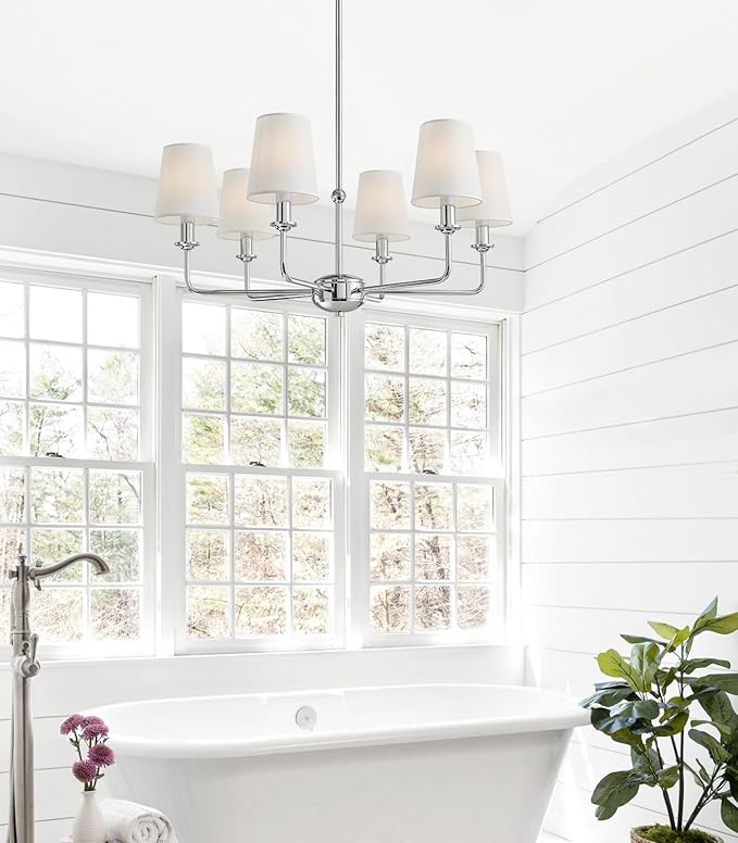Modern 6 Light Chrome Chandelier with White Fabric Shades Elegant Ceiling Light,Farmhouse & Industrial Pendant Chandelier for Dining Room Living Room Bedroom,E12 Base