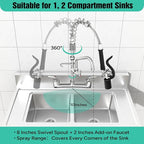 Commercial Sink Faucet with Sprayer Wall Mount, 21" Height 8 inch Center with Solid Brass & Polished Chrome, Add-on 8" Swing Spout for 1 or 2 Compartment Kitchen Sink