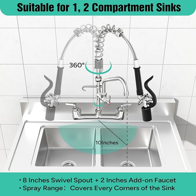 Commercial Sink Faucet with Sprayer Wall Mount, 21" Height 8 inch Center with Solid Brass & Polished Chrome, Add-on 8" Swing Spout for 1 or 2 Compartment Kitchen Sink