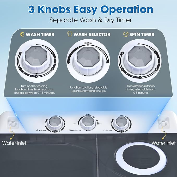 28lbs Portable Washing Machine with 18lbs Wash and 10lbs Spin, Twin Tub Washer Compact Machine with Drain Pump, Mini Portable Washer for Home, Camping, RVs, and Small Spaces, Grey