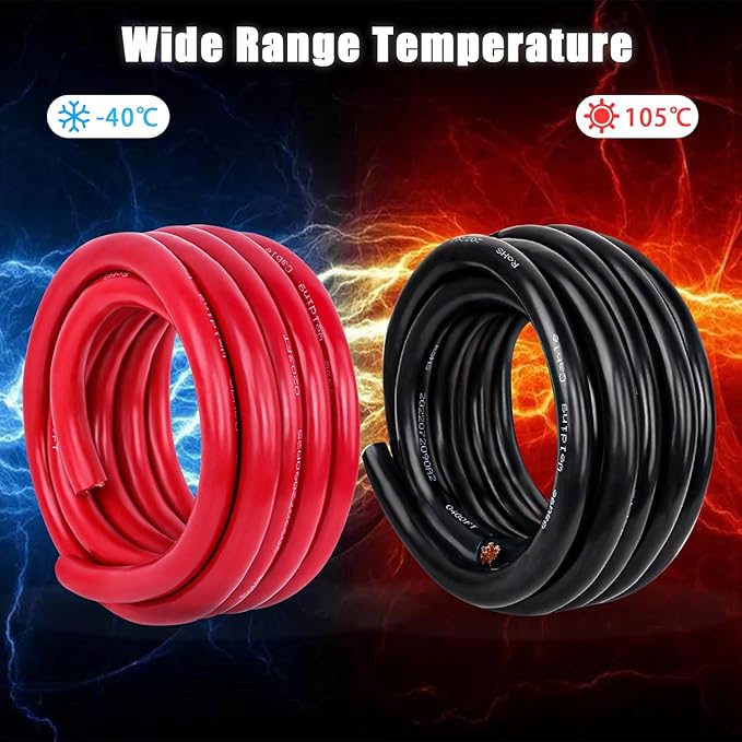 1/0 Gauge Battery Cable Copper Wire, 10FT Red+10FT Black 1/0 AWG Welding Cable Standard USA OFC Wire for Automotive, Battery, Solar, Marine and Generator