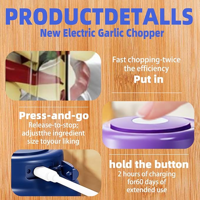 Electric Garlic Chopper, 2025 New Mini Portable Veggie Chopper, Garlic Grinder Masher Rechargeable, Wireless Food Processor for Ginger, Chili, Fruit, Meat (Blue, 320ML)