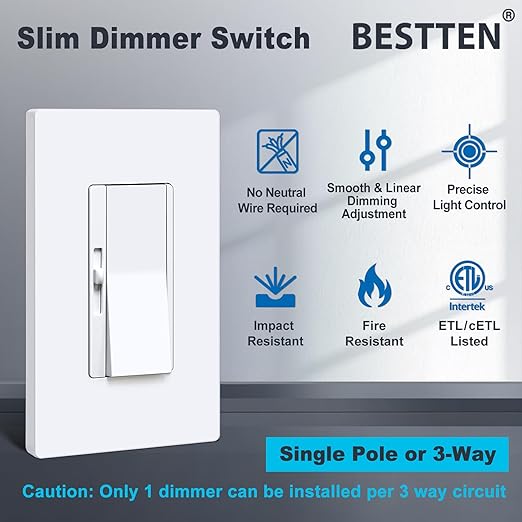 BESTTEN Super Slim Dimmer Light Switch, Quiet Rocker, Single Pole or 3 Way Dimmable Switch, Max 300W LED, CFL, 600W Incandescent, Screwless Wall Plate Included, ETL Listed, 6 Pack, White