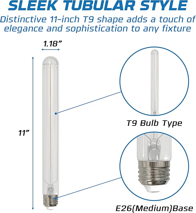 OHLECTRIC T9 LED Tubular Bulbs (4-Pack) 5W (40W Equivalent) 11" Clear Tubular Bulb 400 Lumens, 3000K Soft White, E26 Medium Base, Dimmable, Wet Rated, Filament Style, Replacement for Bulbrite 776946