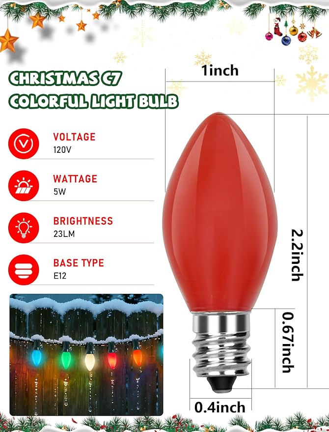 50 Pack C7 Christmas Replacement Bulbs, 5W Incandescent Multicolor Bulbs Waterproof, E12 Night Light Bulbs for Outdoor String Lights, for Porch Patio Garden Decor, Red, Blue, Green, Orange, White