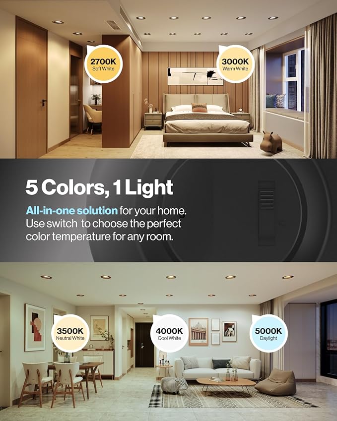 Sunco 24 Pack 5CCT Black LED Recessed Lighting 6 Inch, 2700K/3000K/3500K/4000K/5000K Selectable, Dimmable Can Lights, Baffle Trim, 13W=120W, 965 LM, Damp Rated, Retrofit Installation - UL Listed.