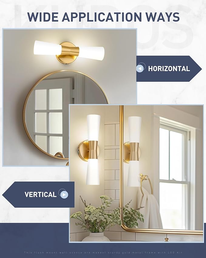 kudos Wall Sconces 16inches Gold Vanity Light Fixtures, Modern Sconces Wall Lighting with Milk White Glass, Dimmerable 3000K/4000K/5000K for Bathroom Bedroom, KDVL13-GD