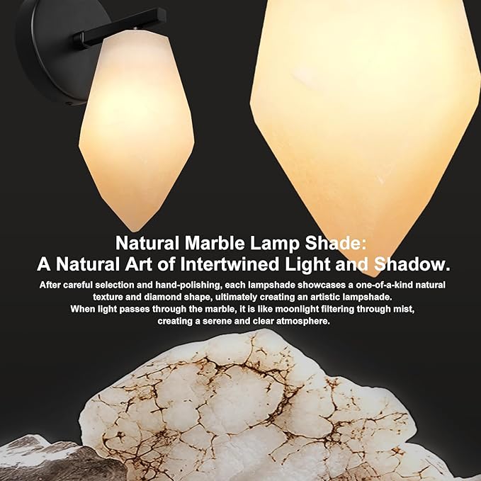 Alabaster Wall Sconce, Spanish Marble Wall Light, Modern Wall Sconce for Bathroom, Hardwired Wall Lighting for Living Room, Wall Lamp for Bedroom Hallway Stairs, Black