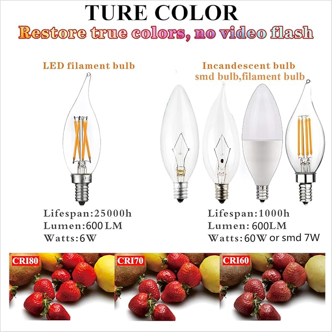 LiteHistory E12 led Bulb Dimmable 6W Equal 60 Watt LED Light Bulbs 2700K AC120V led Edison Bulb CA10 CA11 led Candelabra Bulb for Chandelier Light Bulbs and Ceiling Fan Light Bulbs 600LM Clear 12Pack