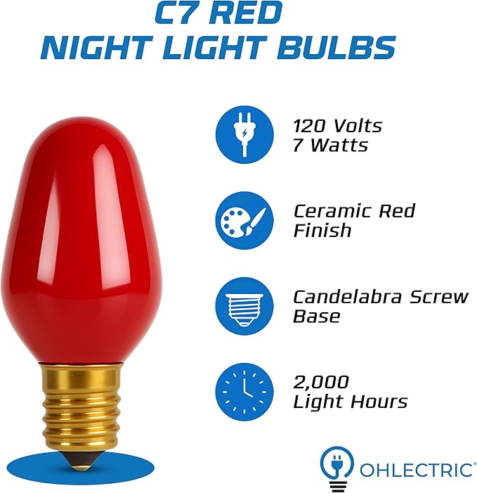 OHLECTRIC Night Light Bulbs (24 Pack – Red), 7 Watt Mini Bulbs – E12 Candelabra Base, Non-Dimmable, 120 Volts – C7 Night Light Lamp Replacement Bulb for Salt Lamps, Window Candles, Holiday Decor