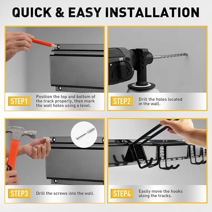 ELEAD 18-Pairs Heavy Duty Garage Tool Organizer Wall Mount Hooks, 96 Inches 1460 lbs Garden Tool Organizer with Adjustable Hooks for Garden, Yard, and Shed