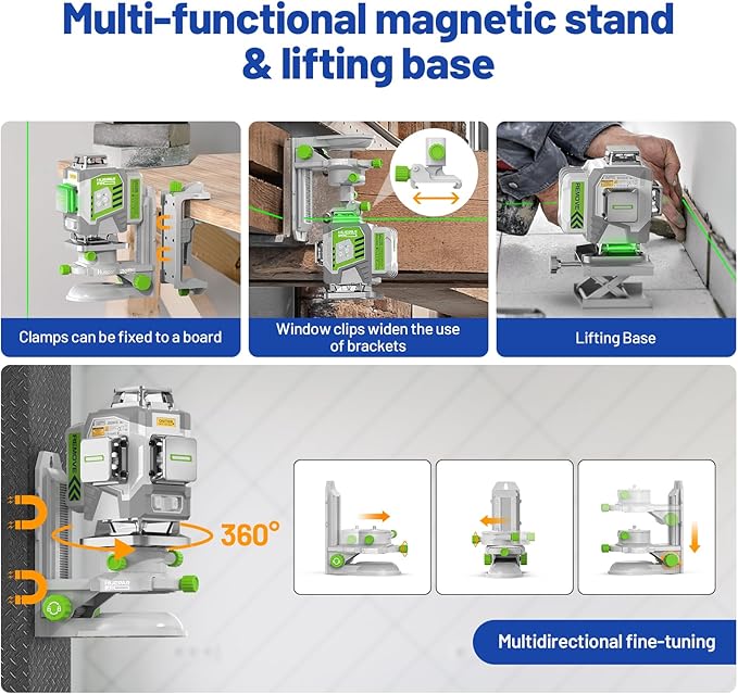HueparPro Laser Level 360 Self Leveling, 4x360°Green Cross Line Laser Tool with Remote Control & 8000mAh Rechargeable Li-ion Battery, High Accuracy 4D Laser for Construction, Magnetic Bracket -ZK04CG