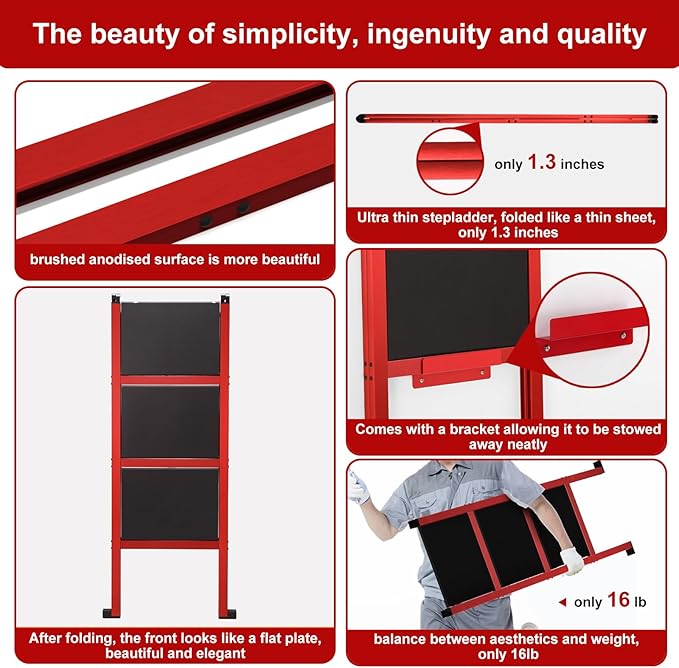 3 Step Ladder,Aluminum Ultra Thin Folding Step Stool,400 Lbs Capacity Heavy Duty with Anti-Slip Sturdy and Wide Tread,Closet Slim Step for Home,Kitchen and Office,Space Saving (Red, 3-Step)