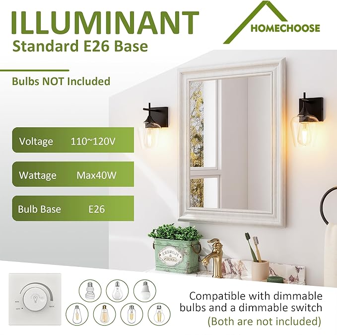 Vanity Bathroom Light, 1-Light Bathroom Light Fixtures Over Mirror, Black Vanity Lights for Bathroom with Clear Glass, Modern Wall Lamp for Cabinet Hallway, Bedroom