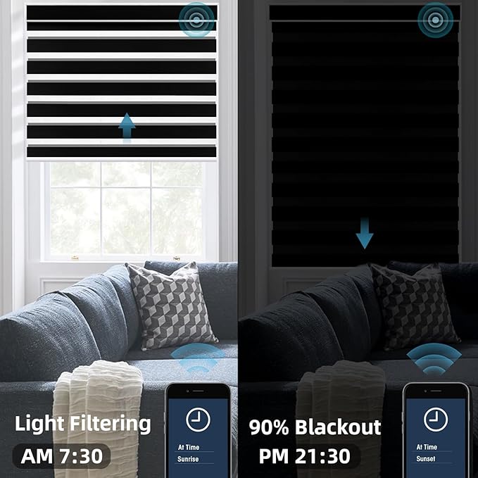 SmartWings Motorized Zebra Shades Work with HomeKit, Alexa, Google Home, 90% Blackout Light Filtering Day Night Sheer Blinds, Privacy Light Control, for Home/Office, Customized, Black