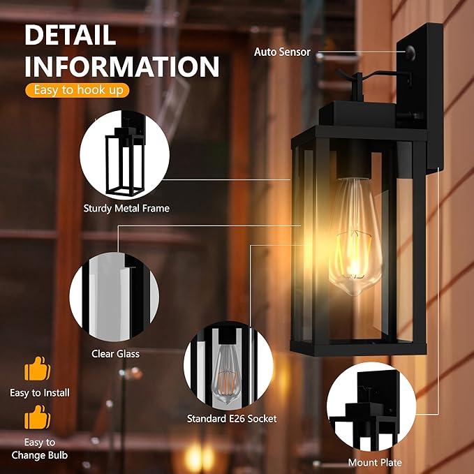 Motion Sensor Dawn to Dusk Outdoor Sensor Light Fixture Anti-Rust Exterior Wall Lighting Waterproof Outdoor Wall Lantern for Porch Patio Front Door Garage - 2 Pack
