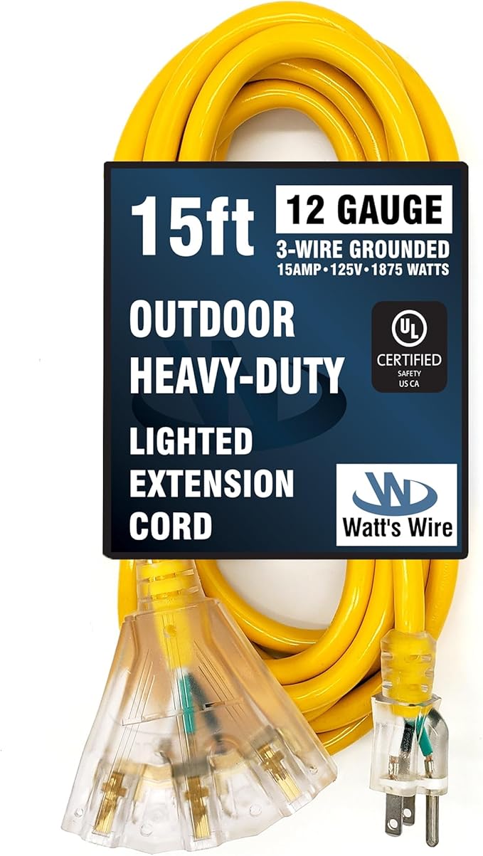 Outdoor Extension Cord Waterproof (15 ft) 12 Gauge Heavy Duty Extension Cord Splitter - Lighted Outdoor Extension Cords with Multiple Outlets - Watts Wire - 15' Grounded - extensiones electricas