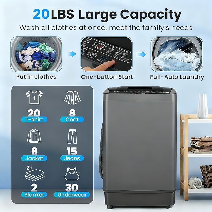 Nictemaw 2.8 Cu.ft Portable Washer, 20 lbs Capacity Full Automatic Washing Machine with Drain Pump, 10 Wash Programs & LED Display, Compact Clothes Washer for Apartments, RV, Dorm, Home