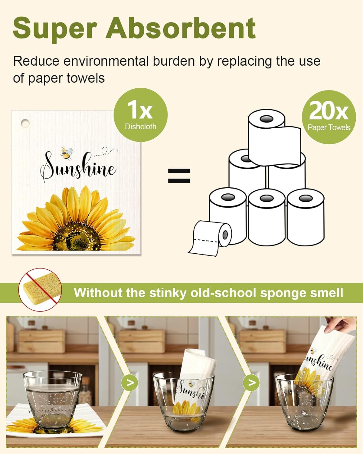 6 Pack Swedish Dishcloths for Kitchen - Reusable Dish Cloths for Washing Dishes Absorbent Cute Funny Kitchen Towels Cleaning Sponge, Sunflower