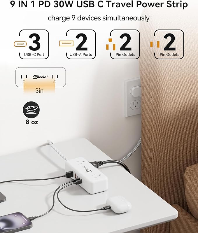 PD30W USB C Travel Power Strip,Cruise Power Strip with 5 USB(3 USB-C) Ports and 4 Outlets, Braided Extension Cord 5Ft, 30W Fast Charging Station Compatible with MacBook Laptops iPad Pro iPhone Samsung
