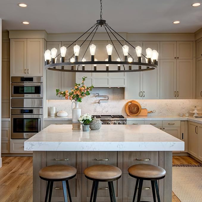 53” Large Farmhouse Wagon Wheel Chandelier,Black Rustic Chandelier 24-Lights,Round Dining Room Light with Adjustable Height,Industrial Ceiling Light Fixtures for Kitchen,Foyer,Porch,Living room