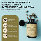 Organic Ashwagandha Root & Irish Sea Moss – 3,600 mg Ashwagandha Supplement with Black Seed Oil, & Burdock Root – Herbal Supplement for Energy, Calm, Mood, & Wellness, 120 Caps