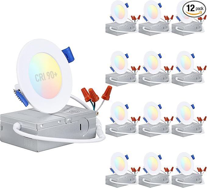 TORCHSTAR Basic Series 12-Pack 5CCT 3 Inch Ultra-Thin LED Recessed Lighting with J Box, CRI90, Aluminum, 2700K3000K3500K4000K5000K, 5%-100% Dimmable Slim Recessed Downlight, 6W 450LM, ETL & ES