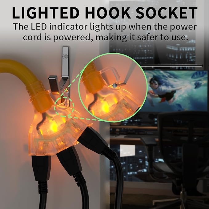 POWGRN 1 FT 2 Pack 12/3 Gauge Extension Cord with Multiple Outlets Outdoor, 3 Outlet Extension Cord Heavy Duty Yellow with Lighted, Tri-Tap Power Cable, 12AWG 15Amp 1875Watts 125Volts SJTW, ETL Listed