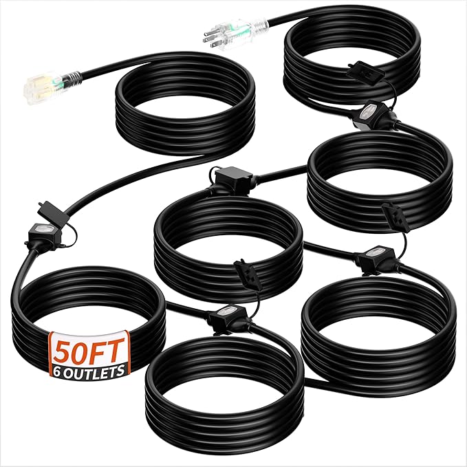 50 FT Outdoor Extension Cord with Multiple Outlets, 16/3 Gauge Heavy Duty Extension Cord Evenly Spaced 6 Outlets Plugs with Lighted Waterproof, 13AMP 1625W 125V 16AWG SJTW Black, ETL Listed