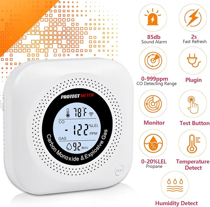 Carbon Monoxide Detectors, 2Pack 4-in-1 Natural Gas Leak Detector & Temperature/Humidity Monitor