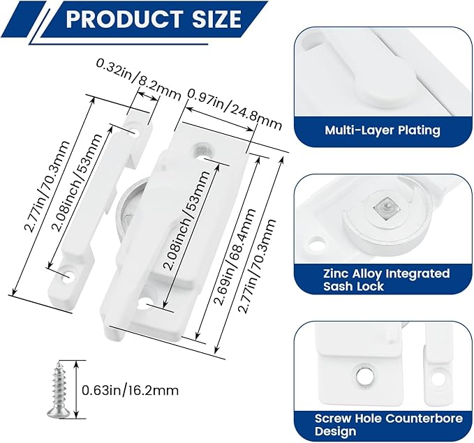 2 Pack Sliding Window Sash Locks, White Cam Sash Locks for Double Hung Windows, Security Sash Window Lock and Keeper Replacement for Vertical and Horizontal Sliding Windows