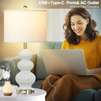 Triple Gourd Ceramic Table Lamps Set of 2, Modern White Bedside Lamps with USB A+C Ports & AC Outlet, 3 Way Touch Control Contemporary Nightstand Lamps for Bedroom Living Room