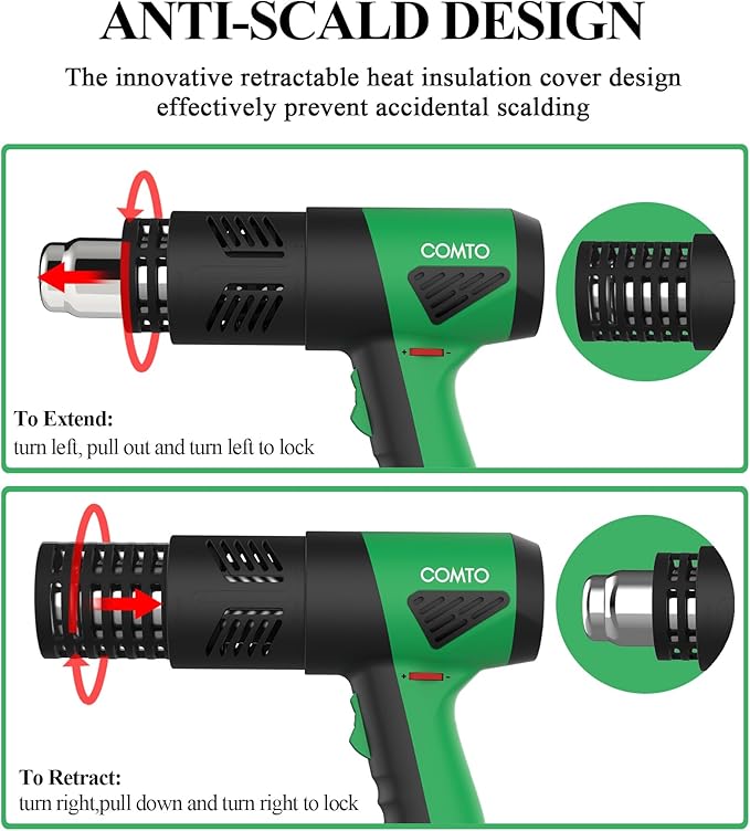 1800W Industrial Heat Gun, Fast Heating 122℉-1202℉ Variable Temperature Control Overheat Protection 2 Speed Air Flow with 4 Nozzles for Crafts, Shrinking Tubing, Vinyl Wrap (SG-1004)