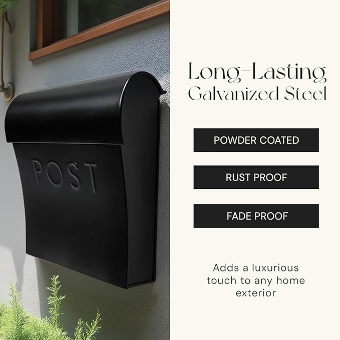 NACH Vicki Style Black Wall Mount Mailbox, Made from Heavy Duty Galvanized Metal, Waterproof & Rust-Resistant, Secure Mails & Package Storage, 12.5 x 11 x 4.5 Inches