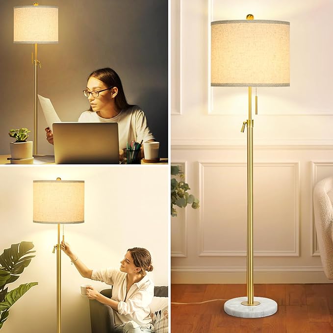 Modern Floor Lamp for Living Room, Adjustable Height Standing Lamp with Marble Base, Gold Tall Pole Light with Linen Shade for Reading Bedroom, Chain Switch, 8W 3-Way Dimmable Bulb Included